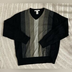 Vintage Earth Tones Striped V-Neck Sweater - M